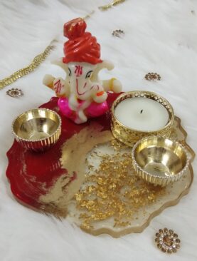 Handcrafted Red Golden Resin Roli Chawal Platter