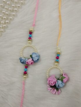 Floral Pink Blue Pair of Rakhi and Lumba